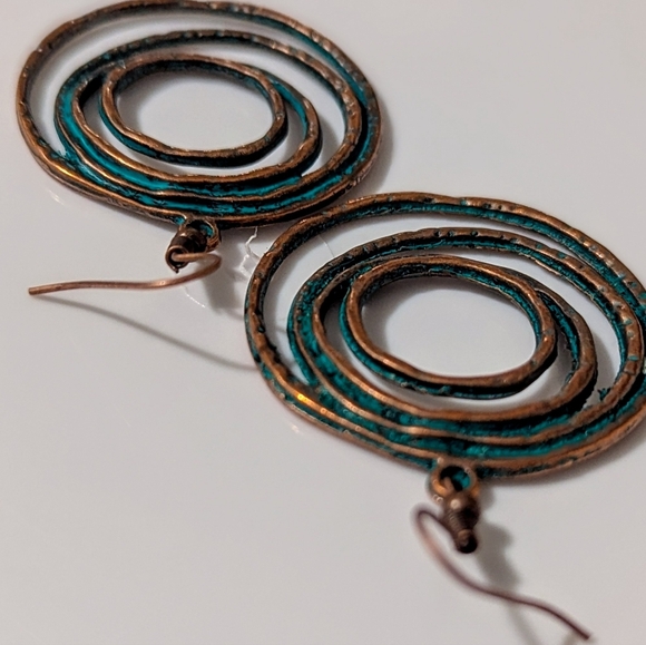 Boho Layered Circle Dangle Drop Earrings Vintage Petinaed Copper/Bronze Handmade - Picture 11 of 14